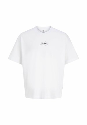 Weißes T-Shirt mit kurzen Ärmeln und einem kleinen schwarzen abstrakten Design, das zentriert auf der Brust unterhalb des Halsausschnitts angebracht ist.