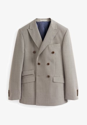 Doppelreihiger beiger und brauner karierter Herrenblazer mit Spitzrevers, braunen Knöpfen, Pattentaschen und dunkelblauem Innenfutter.