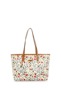 Sac fourre-tout à imprimé floral avec un corps en tissu blanc, des accents en cuir brun et deux poignées. Présente des fleurs et des feuilles de différentes couleurs.