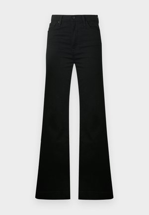 Schwarze Schlagjeans aus Baumwolle mit klassischem Knopf- und Reißverschluss, Taschen vorne und glatter, schlichter Oberfläche.