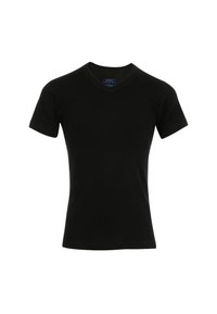 T-shirt en coton noir, manches courtes, design col rond, texture lisse, sans motifs, style minimaliste, adapté pour un usage décontracté.