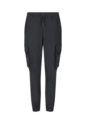 Zwarte cargojoggingbroek met elastische boorden, een taille met trekkoord, ritszakken aan de voorkant en klepzakken op beide dijen.