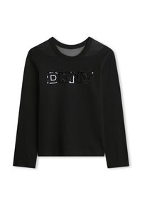 Zwarte langemouwen T-shirt met meshpanelen op de schouders en glanzend "DKNY" logo op de borst, ronde halslijn en rechte zoom.