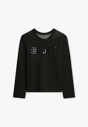 T-shirt noir à manches longues avec des panneaux en mesh sur les épaules et un logo "DKNY" brillant sur la poitrine, encolure ronde et ourlet droit.