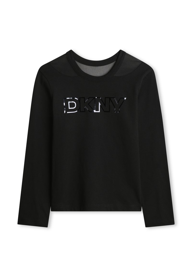 Zwarte langemouwen T-shirt met meshpanelen op de schouders en glanzend "DKNY" logo op de borst, ronde halslijn en rechte zoom.