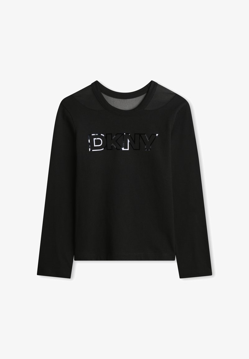 T-shirt noir à manches longues avec des panneaux en mesh sur les épaules et un logo "DKNY" brillant sur la poitrine, encolure ronde et ourlet droit.