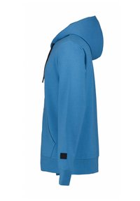 Felpa blu con cappuccio a cordino, tasche laterali e polsini a costine. Realizzata in tessuto morbido con una superficie liscia. Presenta un piccolo etichetta nera.