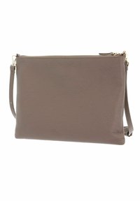Leather clutch bag in soft taupe gray, featuring a zip closure and detachable strap. Smooth texture with subtle grain pattern.
