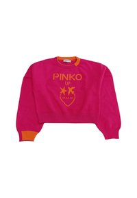 Maglione rosa corto con accenti arancioni. Presenta la scritta "PINKO UP ITALIA" in bold arancione e grafiche di stelle. Materiale in maglia morbida.