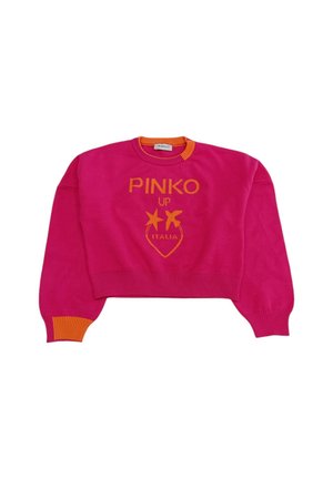 Pull rose raccourci avec des accents orange. Présente "PINKO UP ITALIA" en texte orange en gras et des graphismes d'étoiles. Matière en tricot douce.