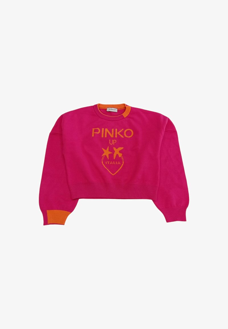Pull rose raccourci avec des accents orange. Présente "PINKO UP ITALIA" en texte orange en gras et des graphismes d'étoiles. Matière en tricot douce.