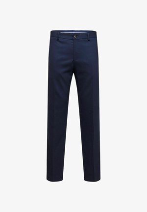 Pantalon bleu marine au design droit, doté d'une fermeture à bouton à l'avant, de passants de ceinture et d'une texture lisse sans motifs visibles.