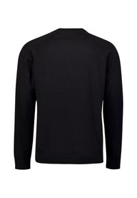 Schwarzer Pullover mit langen Ärmeln, klassischem Rundhalsausschnitt, gerippten Bündchen und Saum sowie einer glatten Textur und minimalistischem Design.