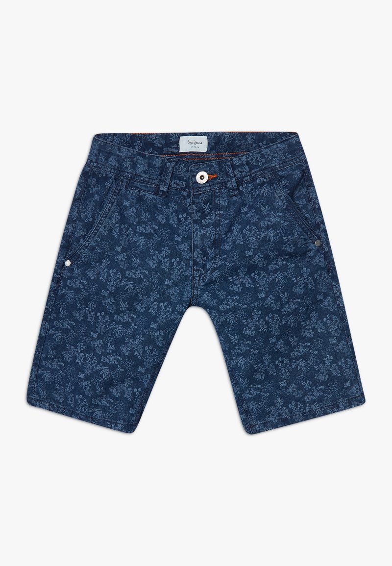 Shorts en denim marine avec motif floral, fermeture par bouton et deux poches latérales. Texture lisse avec une coupe droite et une coupe décontractée.