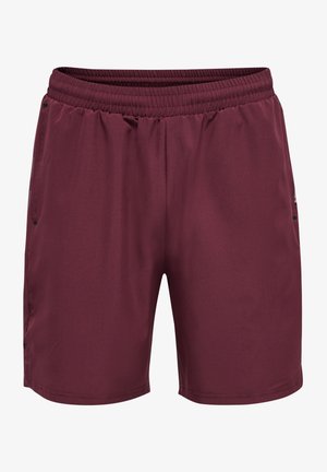 Bordeauxfarbene Sportshorts aus glattem Stoff. Mit einem elastischen Bund, seitlichen Taschen und dezenten Seitenpaneelen.