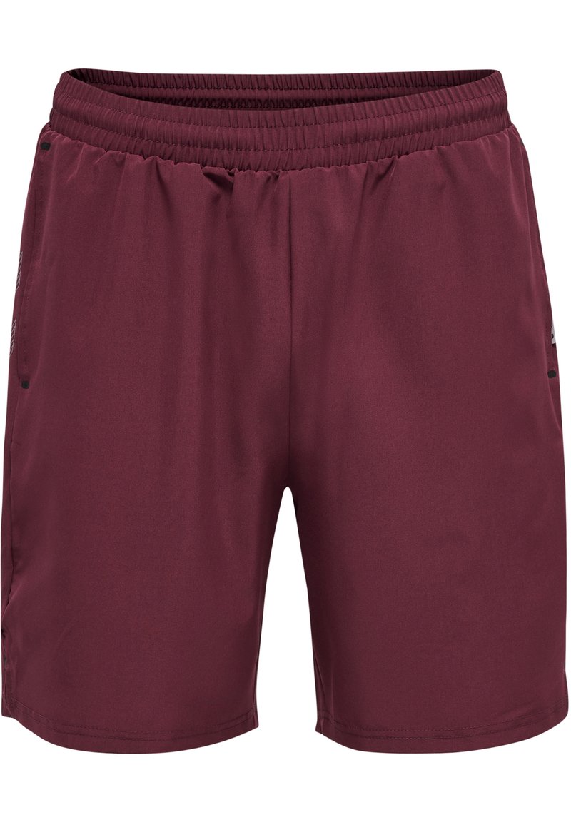 Bordeaux sportshorts van gladde stof. Voorzien van een elastische tailleband, zijzakken en subtiele zijpaneelontwerpen.