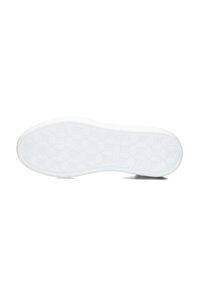 Semelle de chaussure en caoutchouc blanc avec un motif hexagonal texturé et un bord arrondi lisse. Présente un logo en relief sur le côté intérieur.