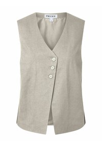 Veste sans manches beige clair avec col en V, trois boutons à l'avant et ourlet légèrement incliné, étiquetée "PIECES" à l'intérieur du col.