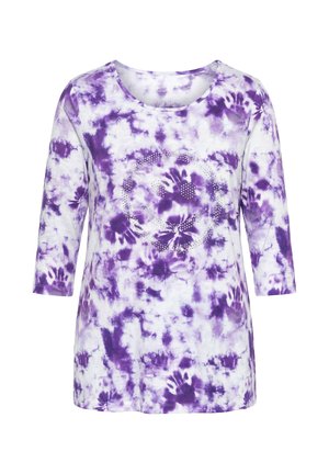 Maglietta tie-dye viola e bianca con maniche 3/4, scollo rotondo e motivo smiley con strass sul davanti.
