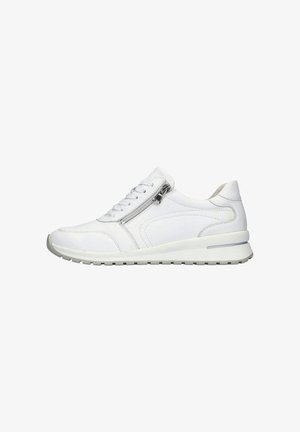 White athletic shoes made of leather and synthetic materials, featuring a laced front, side zipper, and textured rubber outsole.