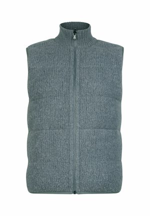 Grå fleeceväst med ribbad hög krage, fullt framdraget blixtlås och rektangulärt quiltat mönster. Mjuk textur, utan ärmar, lämplig för lager-på-lager.