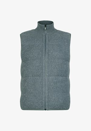 Gray fleece vest with ribbed high collar, full front zipper, and rectangular quilted pattern. Soft texture, no sleeves, suitable for layering.