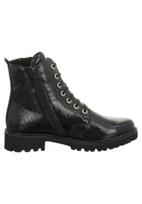Bottines noires avec une finition brillante et texturée, devant à lacets, fermeture éclair sur le côté et semelle robuste pour l'adhérence. Comprend des œillets en métal.