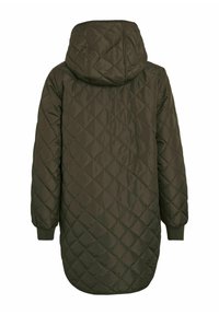 Veste matelassée à capuche vert foncé avec manches longues et poignets côtelés, vue de dos.