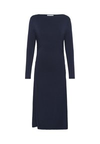 Navalblaues langärmeliges Kleid mit weitem Ausschnitt, seitlichen Raffungen und einem Schlitz auf einer Seite für zusätzliche Details. Weicher Stoff.