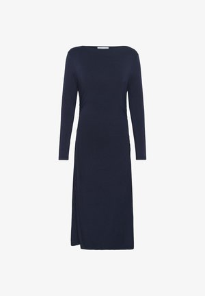 Marineblauw lange jurk met bootnek, voorzien van zijkruising en een split aan één kant voor extra detail. Zachte stof.