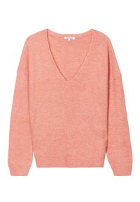 Pfirsichfarbener Pullover mit V-Ausschnitt, lockerer Passform, gerippten Bündchen und Saum. Weicher Stoff mit einem dezenten Streifenmuster.