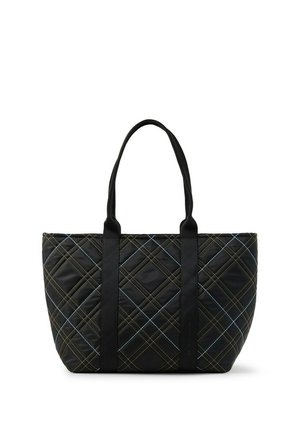 Black quilted tote bag with intersecting light blue and beige diagonal stitching and two long black fabric handles.