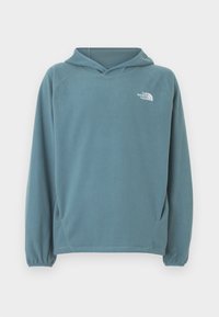 Μπλε φλις φούτερ με τσέπη καγκουρό, κουκούλα με κορδόνια και ελαστικές μανσέτες. Φέρει λευκό λογότυπο στο στήθος. Λείο υφή.