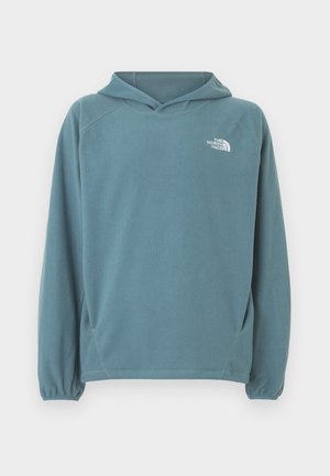 Mėlynas fliso džemperis su kango kišene, gobtuvu su raišteliais ir elastingomis rankogaliais. Ant krūtinės matomas baltas logotipas. Lygus audinys.