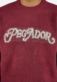 Burgundy knit sweater featuring a fuzzy white "Pegador" logo across the chest and a classic crew neck design. Soft texture throughout.
