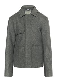 Jachetă din lână gri, cu guler, închidere frontală și două buzunare mari. Prezintă o textură moale și un design drept.