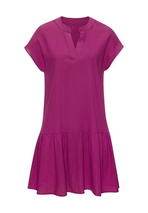 Short-sleeve magenta dress with textured fabric, a V-neckline with a band collar, and a flared ruffle hem.