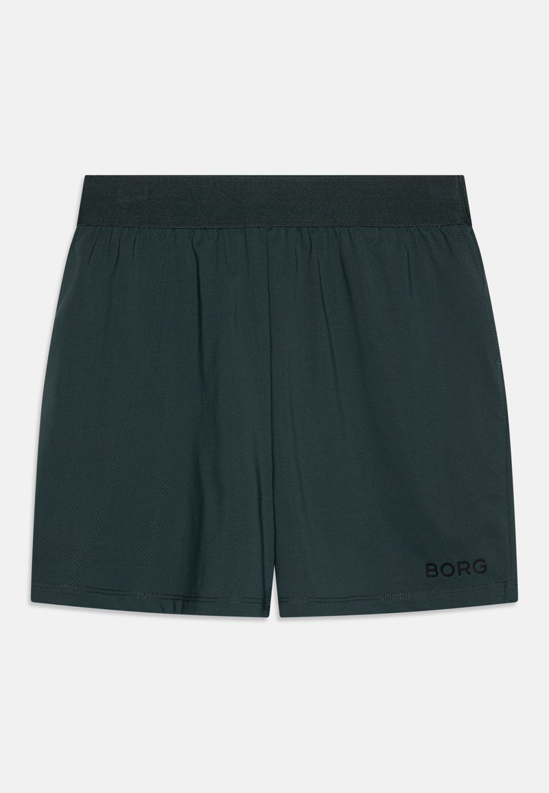 Mørkegrønne treningsshorts laget av lett materiale. Har en elastisk midjebånd og en logo trykt nær bunnsømmen.
