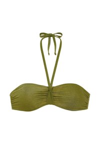 Haut de bikini bandeau vert olive avec finition pailletée, présentant des fronces au centre et des bretelles ajustables à nouer.