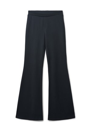 Pantaloni neri a gamba larga con tasche laterali e una cintura elastica, mostrati distesi su uno sfondo bianco.