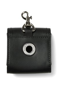 Black leather wallet with silver hardware, featuring a snap closure, logo detail, and a keyring attachment. Smooth texture and rectangular shape.