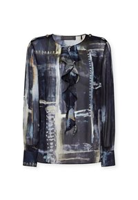 Blusa a maniche lunghe in tessuto trasparente, con un motivo astratto blu scuro e crema, un davanti arricciato e bottoni decorativi sulle spalle.