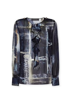 Blusa a maniche lunghe in tessuto trasparente, con un motivo astratto blu scuro e crema, un davanti arricciato e bottoni decorativi sulle spalle.