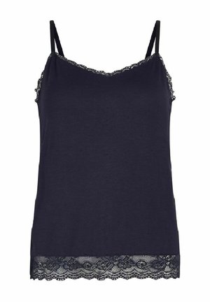 Navy Blue Spaghetti-Top mit verstellbaren Trägern, mit einer Spitzenkante am Ausschnitt und Saum, aus weichem, leichtem Material gefertigt.