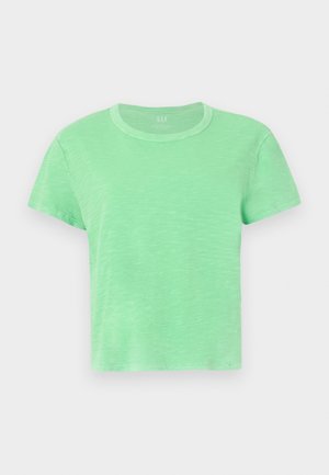 Short-sleeve t-shirt in light green cotton with a crew neckline and a slightly relaxed fit, featuring a textured, heathered finish.