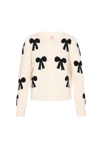 Tejelt, krémszínű kardigán fekete masni mintával, gombos elülső résszel, bordás mandzsettákkal és szegéllyel, amely a testhez álló megjelenésért készült.