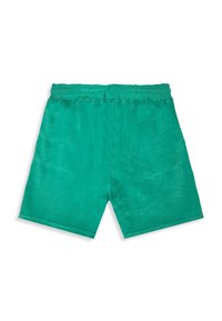 Shorts à taille élastique en vert sarcelle uni avec jambes droites, présentés à plat sur fond blanc.