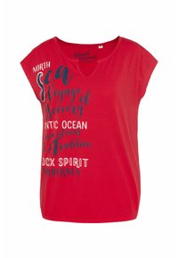 Red short-sleeve t-shirt featuring a v-neck, with printed text in white and navy, including "North Sea" and "Voyage of Discovery."