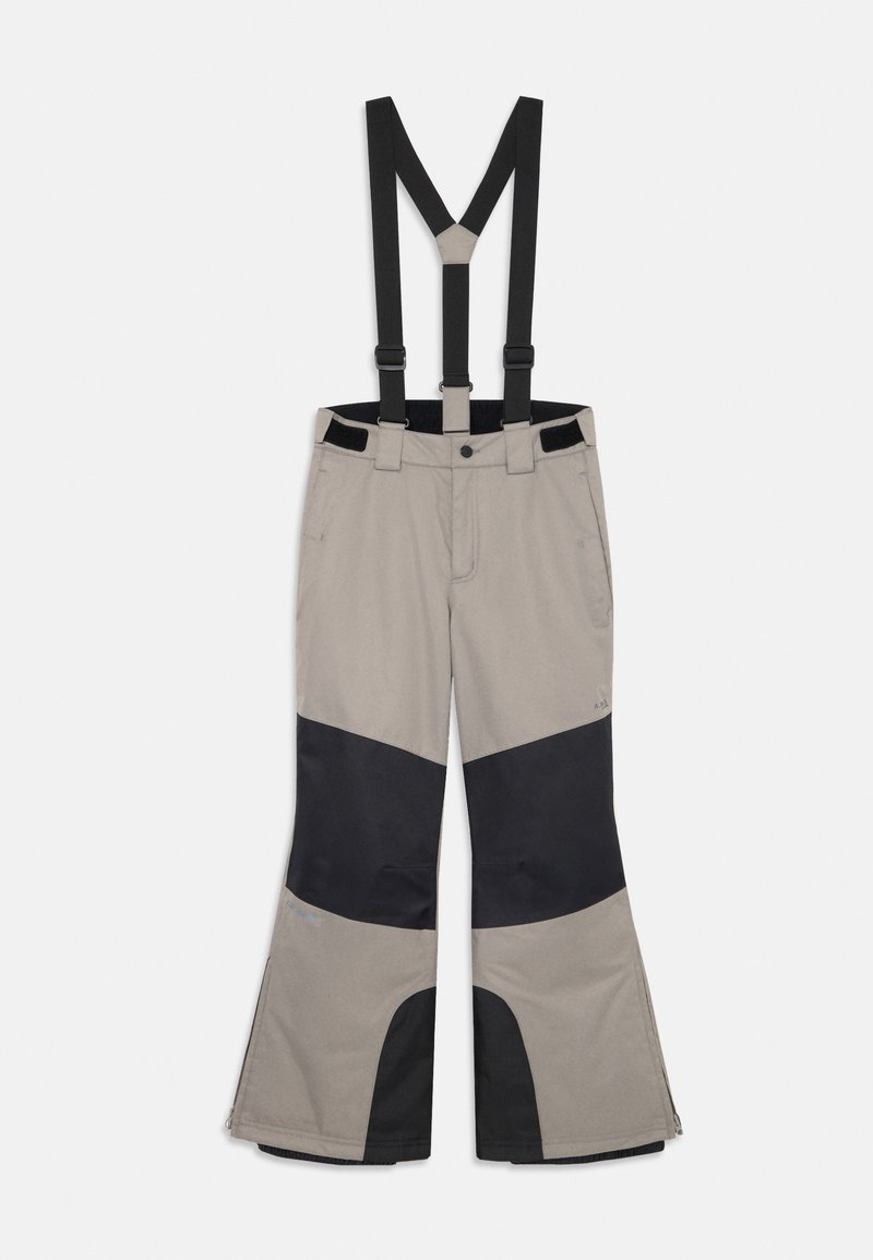 Ski-bukser med justerbare sorte seler, lavet af grå og sort stof, med en buet ben-design og flere lommer.