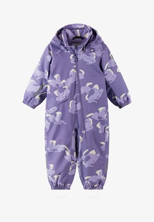 Fioletowy jednoczęściowy kombinezon przeciwdeszczowy dla dzieci z kapturem, biały abstrakcyjny wzór konia, elastyczne mankiety, ukośny przedni zamek błyskawiczny oraz paski na stopy.